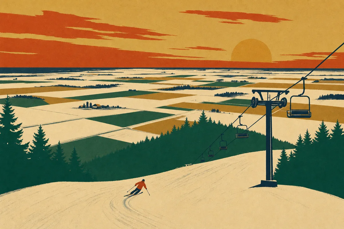 Vintage ski poster of a tiny green hill with a lone chairlift rising out of flat Midwest farmland, snow fields stretching to the horizon under an ochre sky.