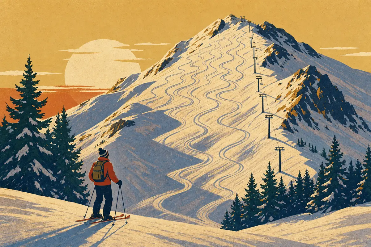 Vintage poster-style illustration of a skier at the base gazing up at a mountain stitched with the carved tracks of a full ski day at sunset