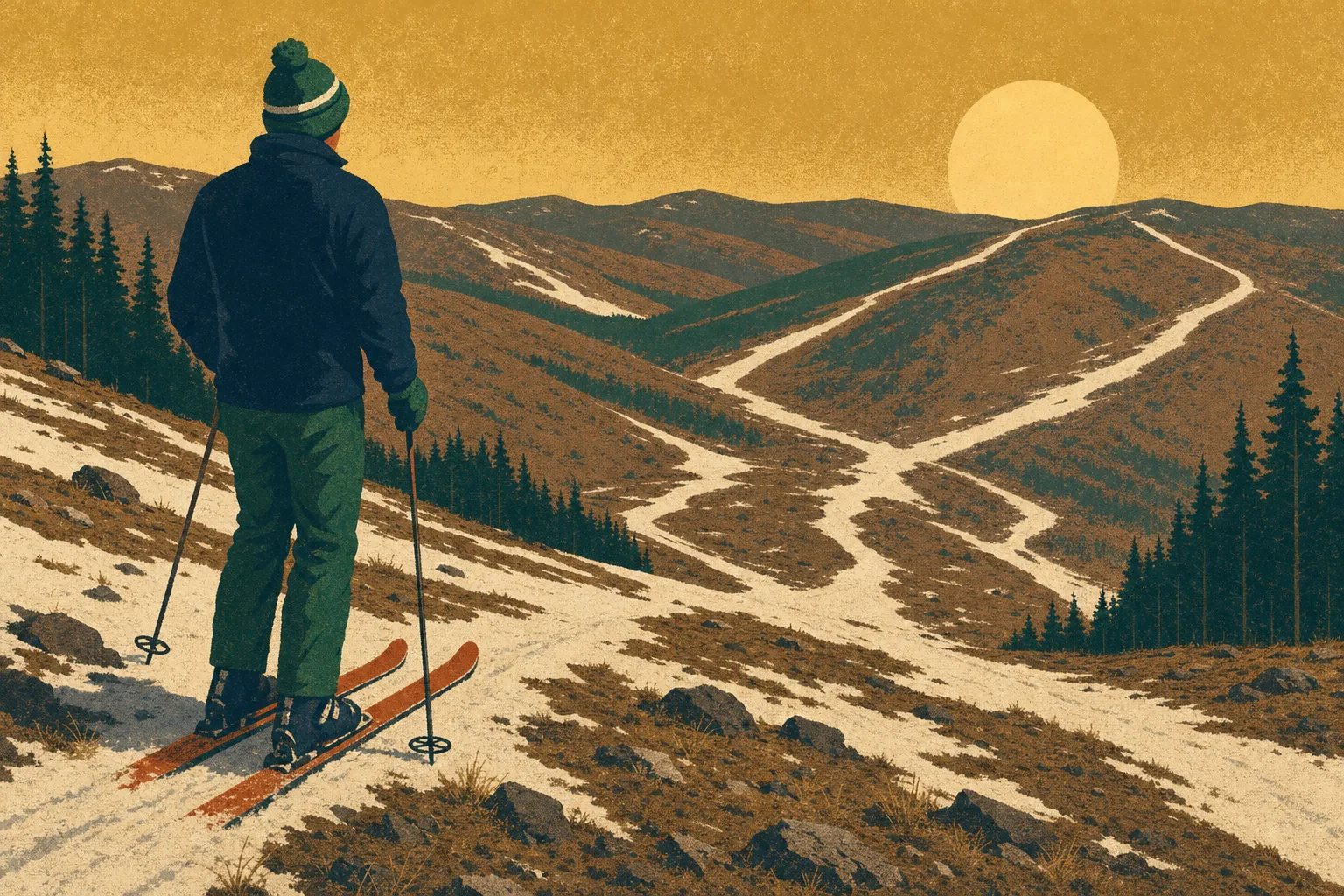 Vintage ski poster of a lone skier at the top of a brown, patchy early-season slope, thin ribbons of snow winding between grass and rocks under an ochre sky.
