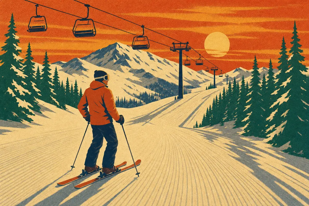 Vintage poster-style illustration of a lone skier pausing on a wide groomer at golden hour, looking back up the mountain under an empty chairlift in last light