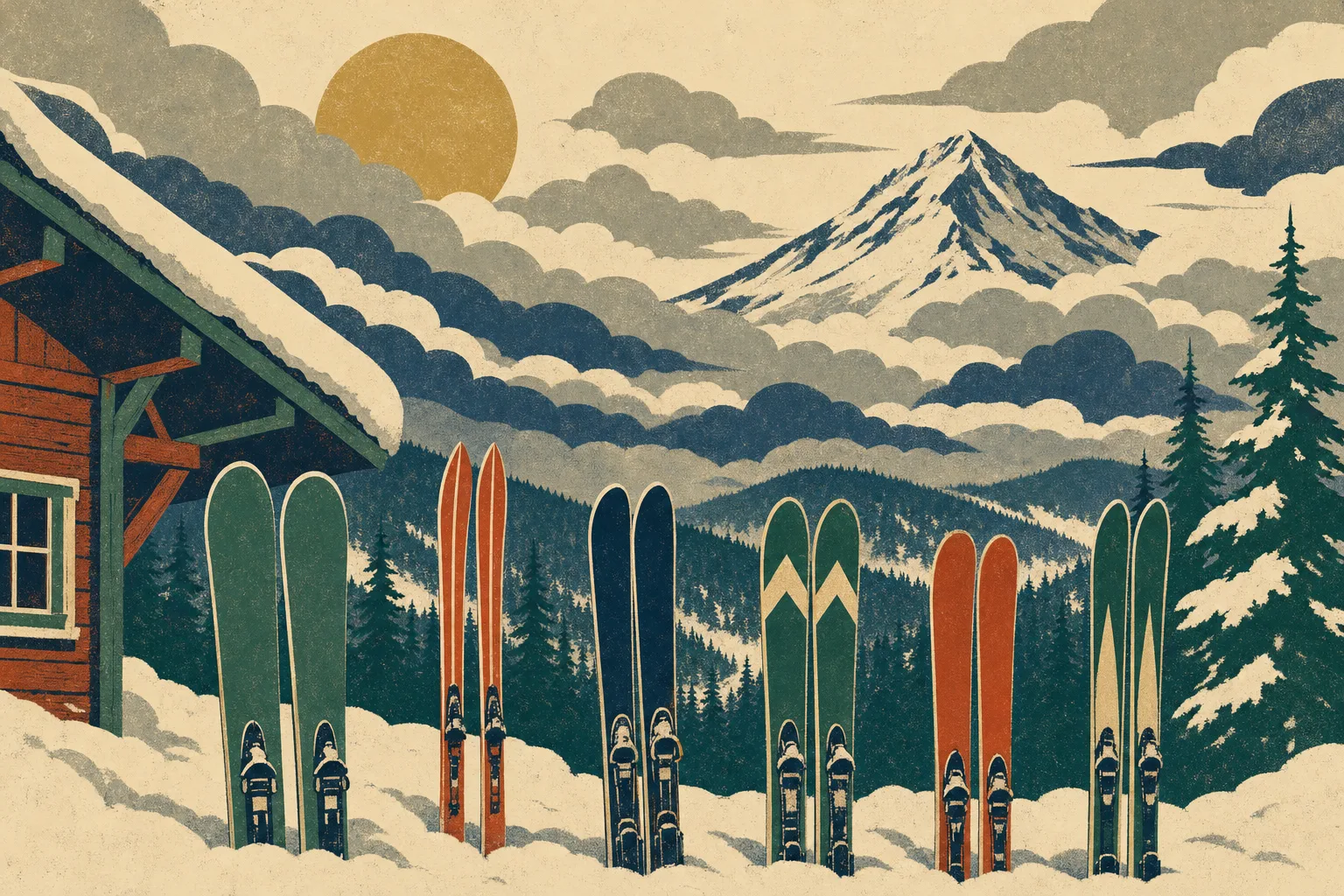 Vintage poster-style illustration of five different pairs of skis stood in a snowbank outside a wooden ski lodge, storm clouds stacked over forested ridgelines and one snowy Cascade peak